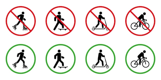 Caution Forbid Rollerskate Skateboard Bike Kick Scooter Pictogram Set No Allow Wheel Transport Sign