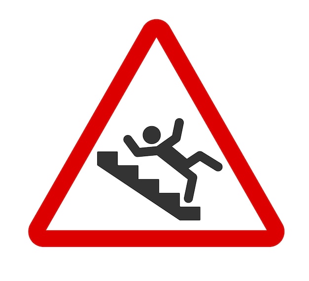 Caution stairway sign A man falling down the stairs Slippery stairs icon in red triangle