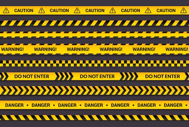 Caution tape set, yellow warning strips, danger symbol, arrows, yellow lines with black text and triangle sign.