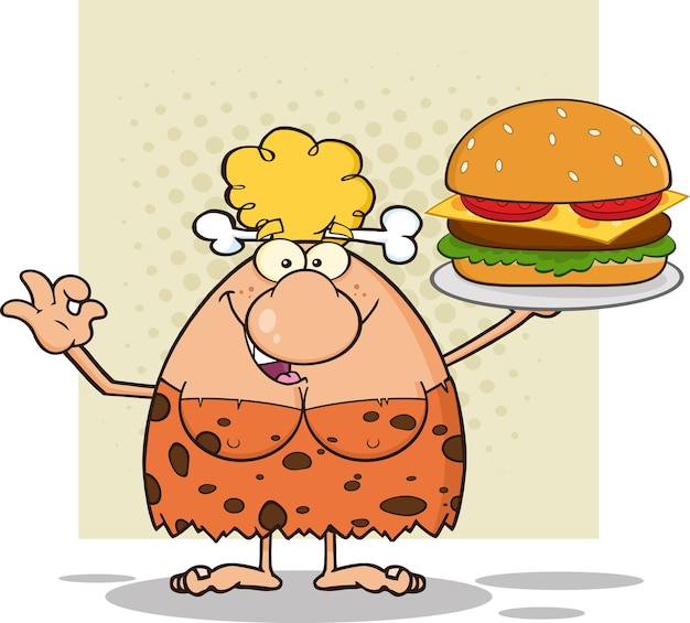 Cave Blonde Woman Cartoon Mascot Character Holding A Big Burger And Gesturing Ok