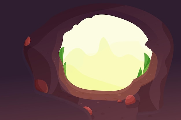 Vector cave entrance forest hole with stones and round frame grass in cartoon style game background