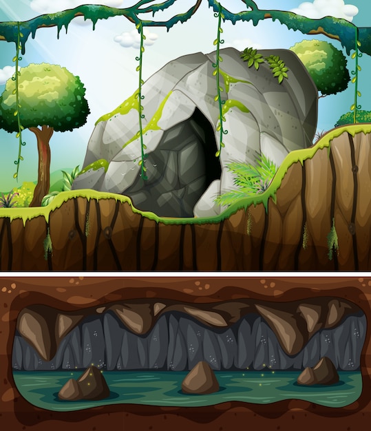 A cave entrance and underground scene