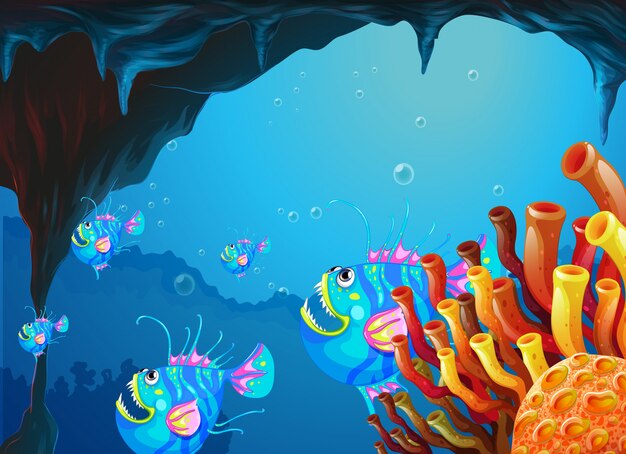 Vector a cave under the sea with a school of fish