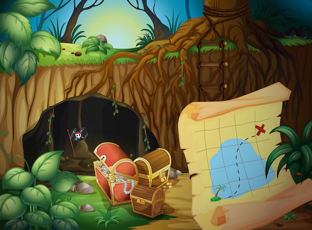 A cave, a treasure chest and a map