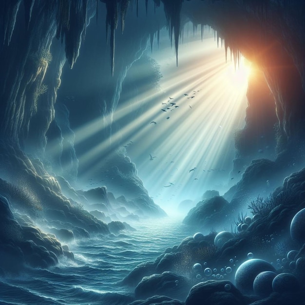 a cave with a light shining through it and a ship in the water