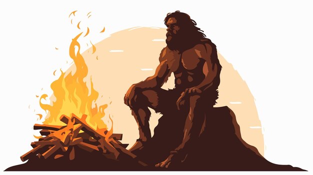 Vector caveman bonfire silhouette vector cartoon illustration