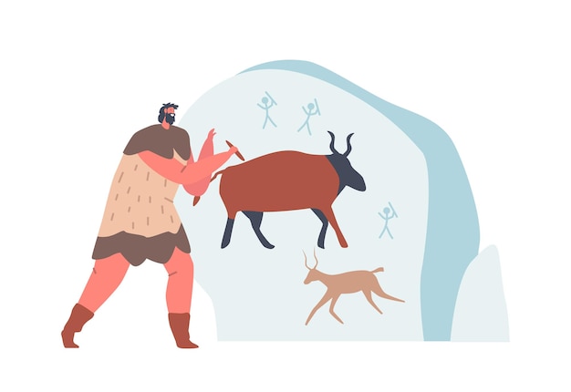 Vector caveman character wearing pelt painting animals on cave wall. ancient period of human civilization, neanderthal people art and lifestyle, primitive culture. cartoon vector illustration