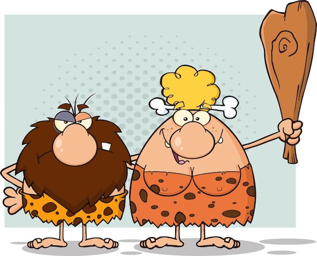 Caveman Couple Cartoon Mascot Characters With Blonde Woman Holding A Club. Vector Illustration