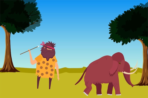 Caveman hunting a mammoth with a spear in a jungle vector Prehistoric caveman hunting and food habit concept illustration Cavedweller with a long spear killing mammoth for food