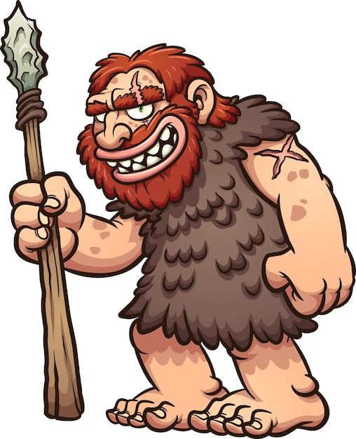 Caveman or neanderthal holding a spear and smiling.