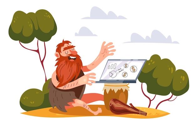 Caveman using laptop concept graphic design illustration element