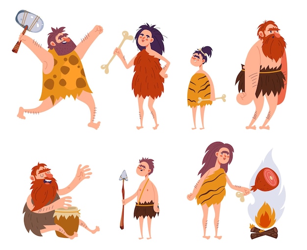 Cavemen barbarian family tribe characters isolated set 