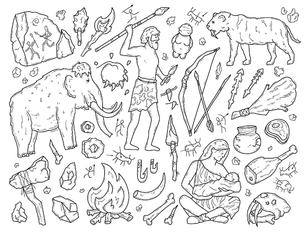 Cavemen and Neanderthals in the Stone Age vector doodle set of icons primitive people