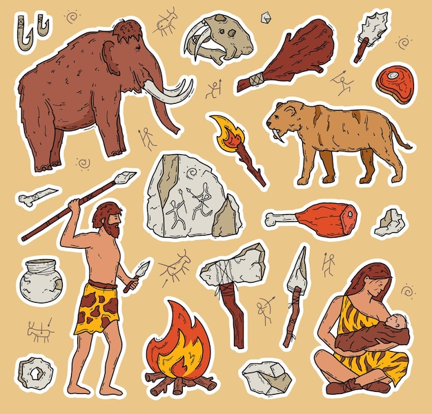 Cavemen and Neanderthals in the Stone Age vector doodle stickers set primitive people