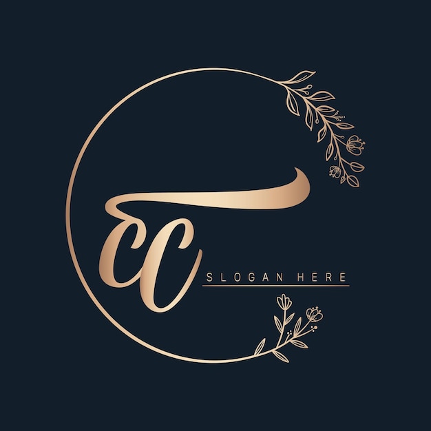 cc calligraphic and signature vector logo design with circle in gold color leaf and flower