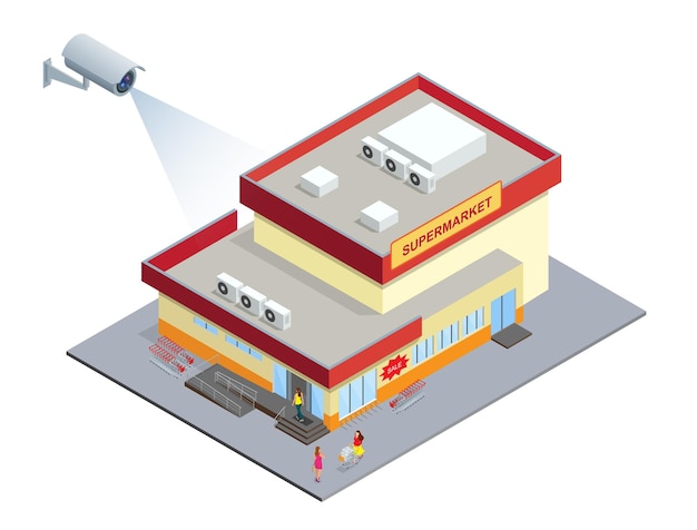 CCTV security camera on isometric illustration of Supermarket. 3d isometric vector illustration