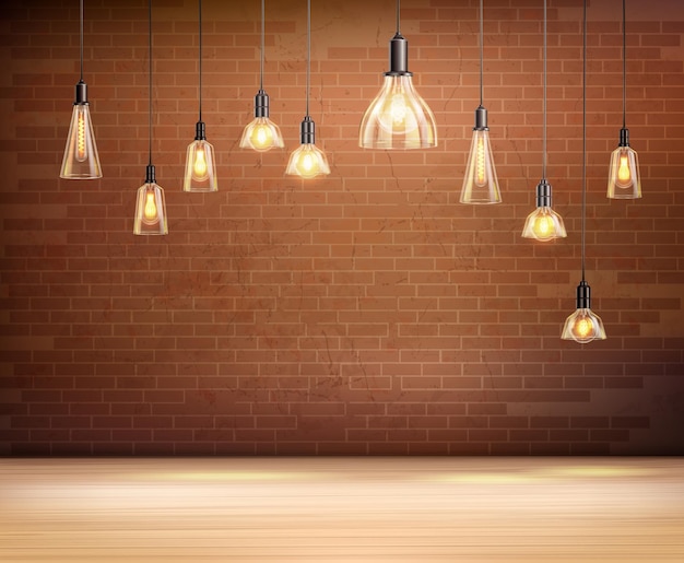 Ceiling light bulbs in empty room with brown brick wall realistic illustration