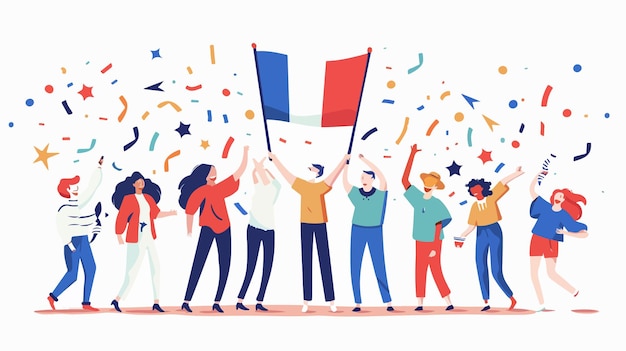 Vector celebrate bastille day with people shaking french flag