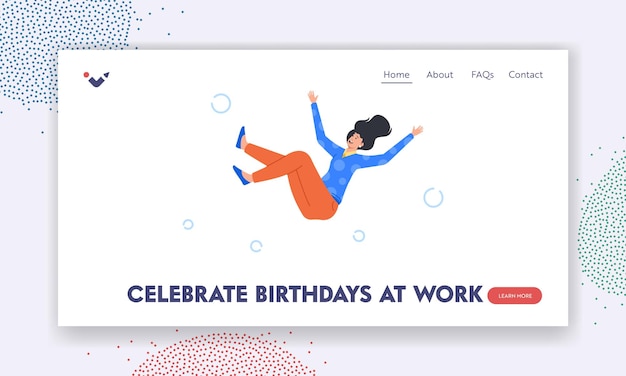 Celebrate Birthday at Work Landing Page Template Happy Woman Toss Up with Colleagues in Air Positive Female Character