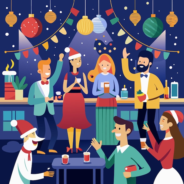 Vector celebrate christmas with friends festive party atmosphere cheerful characters and delicious drinks