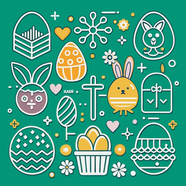 Vector celebrate easter with bunnies eggs and baskets