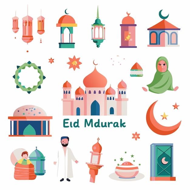 Vector celebrate eid alfitr with festive decorations lanterns and a mosque