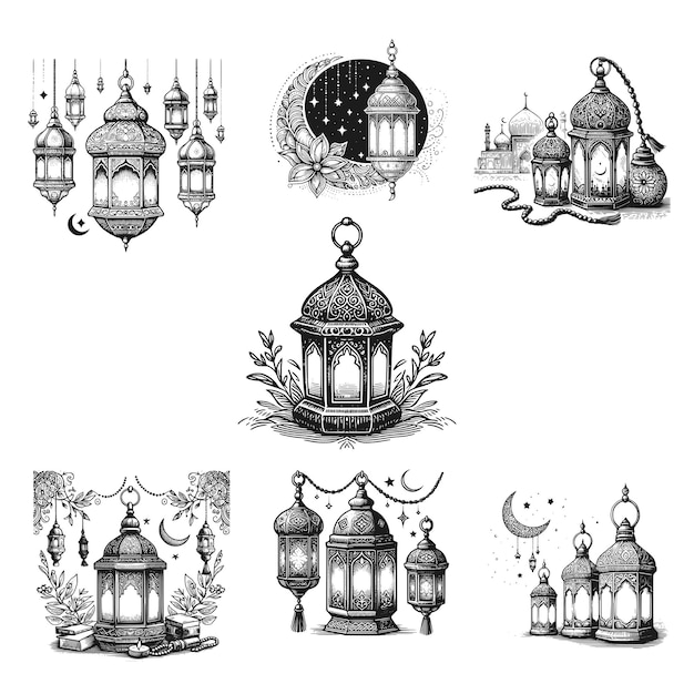 Vector celebrate ramadan with traditional lantern set art