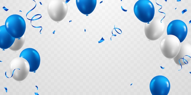 Celebrate with blue and white balloons with confetti for festive decorations vector illustration