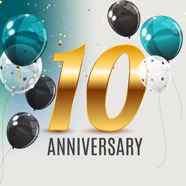 Celebrating 10 Anniversary emblem template design with gold numbers poster background.   Illustration