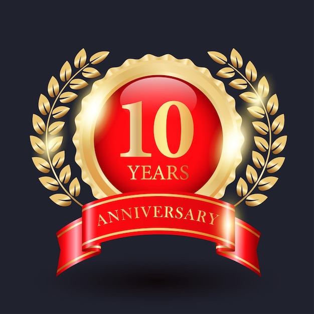 Celebrating 10 Years Anniversary Logo With Golden Plate, Leaf and Red Ribbon