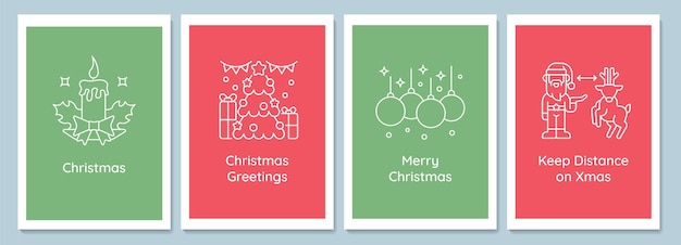 Celebrating Christmas traditions postcards with linear glyph icon set. Greeting card with decorative vector design. Simple style poster with creative lineart illustration. Flyer with holiday wish