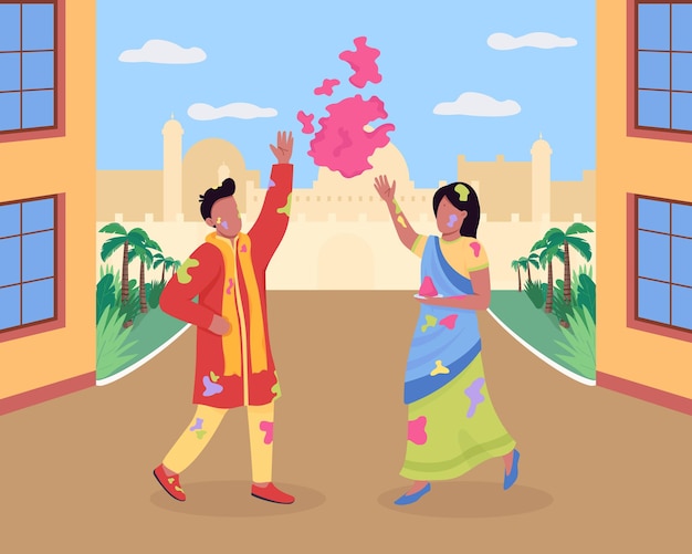 Celebrating Holi festival flat color vector illustration