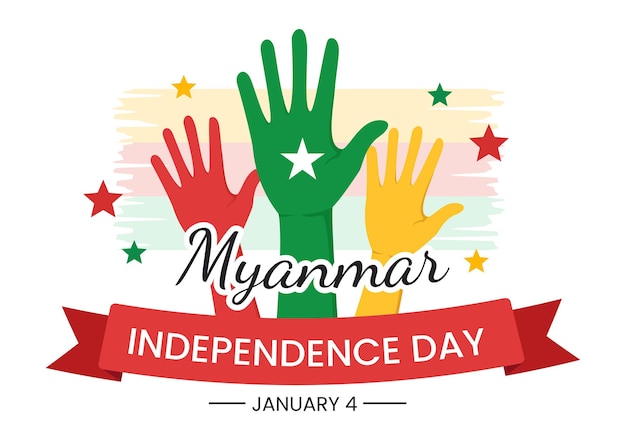 Celebrating Myanmar Independence Day on January 4th with Flags in Cartoon Background Illustration