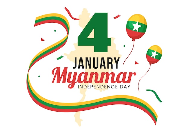 Celebrating Myanmar Independence Day on January 4th with Flags in Cartoon Background Illustration