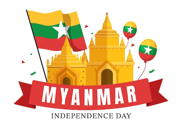 Celebrating Myanmar Independence Day on January 4th with Flags in Cartoon Background Illustration