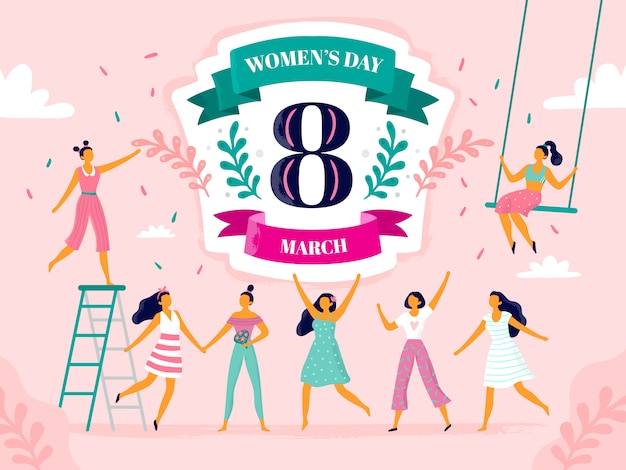 Vector celebrating womens day, eight march celebration, happy laughing woman and international female holiday  flat