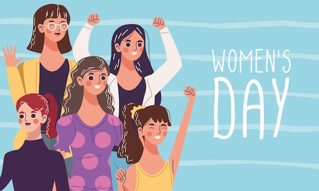 Celebrating womens day, group of five young women characters  illustration 