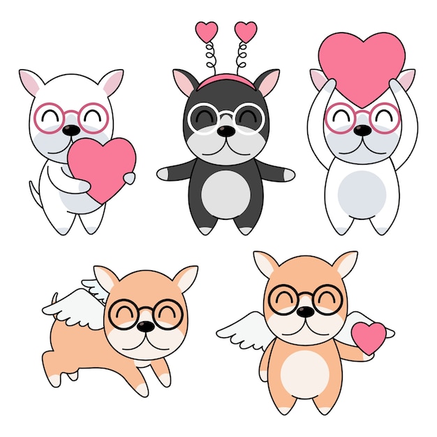  celebratioin of cute dogs set with pink heart and wings. 