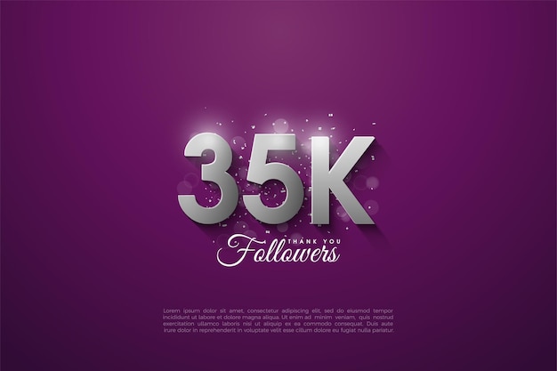 celebration of 35k followers on purple background and silver numbers.