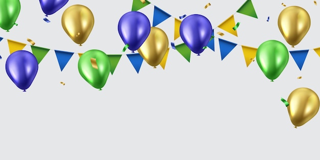 Celebration background with beautifully arranged blue gold and green balloons Vector 3D illustratio