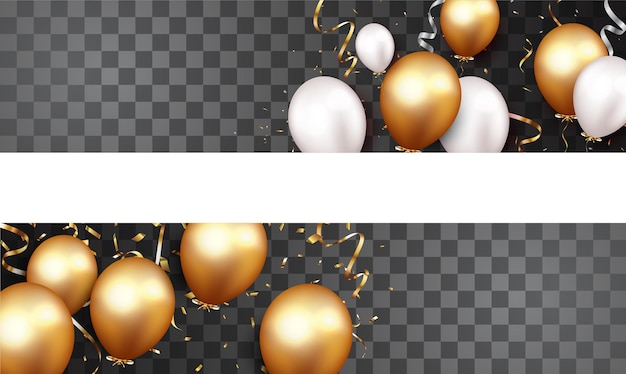 Celebration banner with gold confetti and balloons isolated  