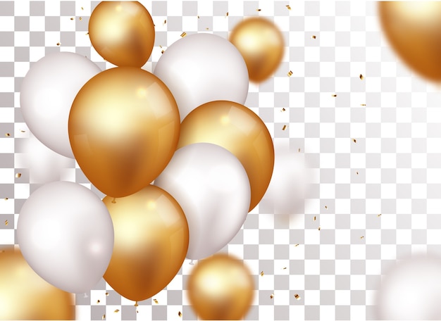 Celebration banner with gold confetti and balloons