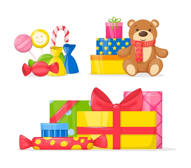 Celebration Birthday party decorations set. Happy birthday party symbols gift box, candy and sweets, toys cartoon isolated vector