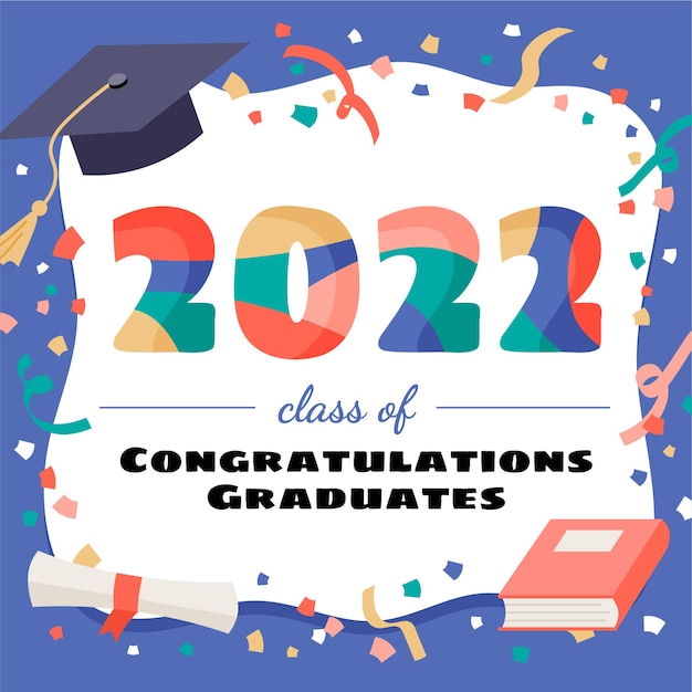 Celebration class of 2022 graduation banner with colorful confetti and ribbons