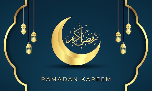 celebration of gold ramadan kareem background with moon and lantern poster design isolated on blue g