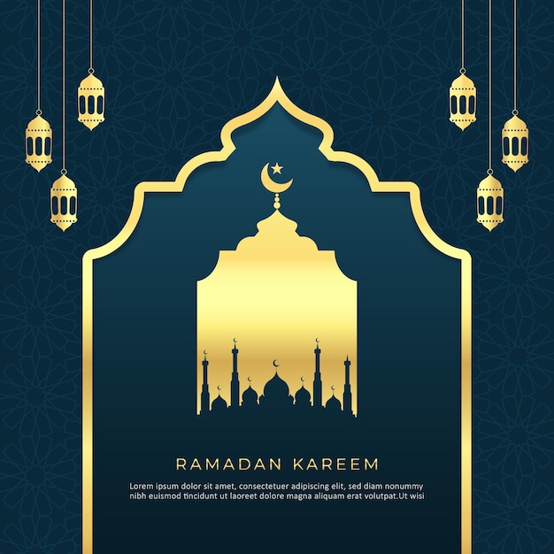 celebration of gold ramadan kareem background with moon and lantern poster design isolated on blue g