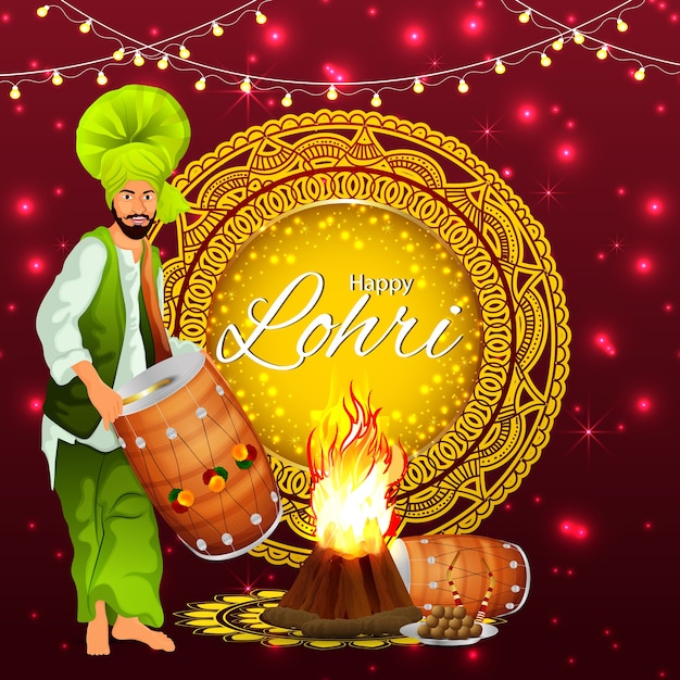 Celebration and greeting for happy lohri with drum