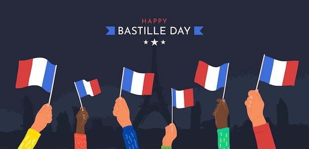 Celebration happy bastille day july th vector illustration cartoon hands waving france flags on dark