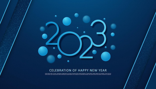 celebration of happy new year 2023 with halftone blue dynamic background