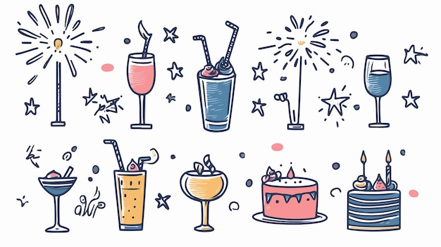 Celebration Line Icons Set with Drinks and Garland